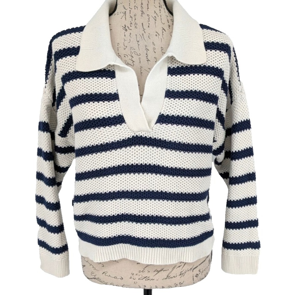 Natural Reflections 100% Cotton Sweater White Navy Stripe Beach